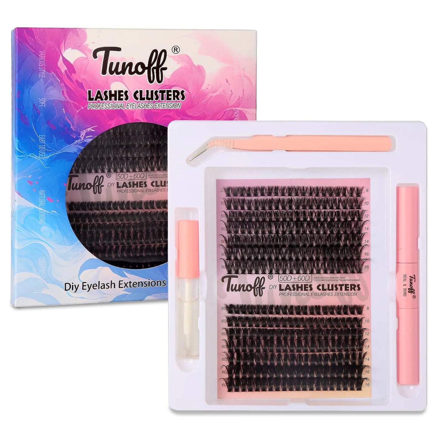TUNOFF Lash Clusters Kit DIY280pcs Lash Extension Kit 8-16mm Mix 50D 60D Curled Eyelash clusters Kit Eyelash extension kit with 2 eyelash adhesive and sealed eyelash forceps.